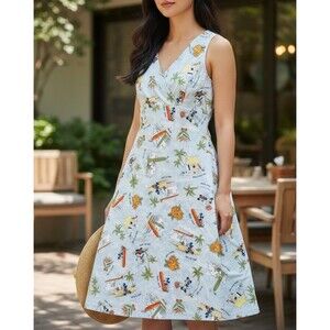 Vintage Disney Tiki Hawaiian Print Surplice Dress Midi Mickey Minnie S